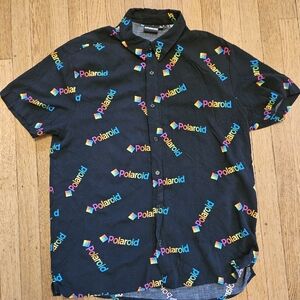 Polaroid Black All Over Print Short Sleeve Button Up Size L